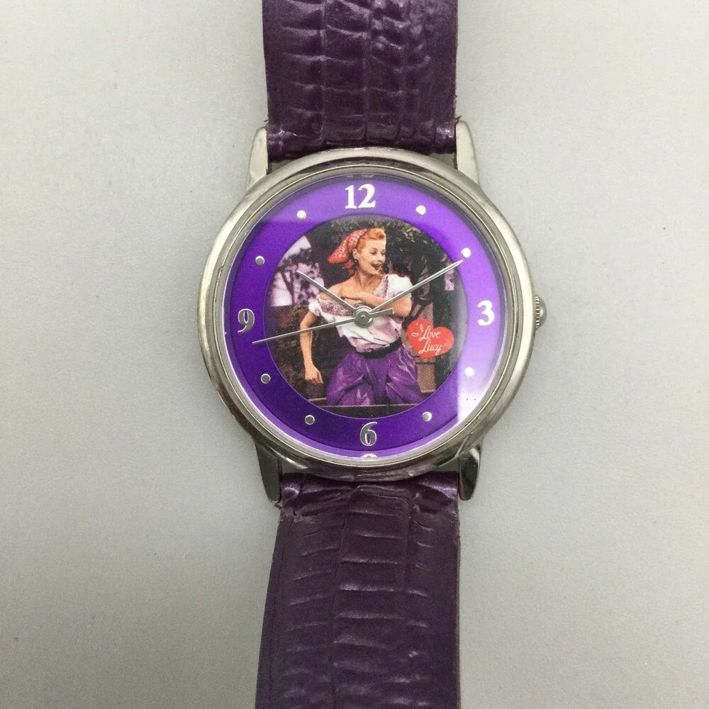 I Love Lucy Womens Watch 33mm Silver Tone Purple Dial Leather New Battery